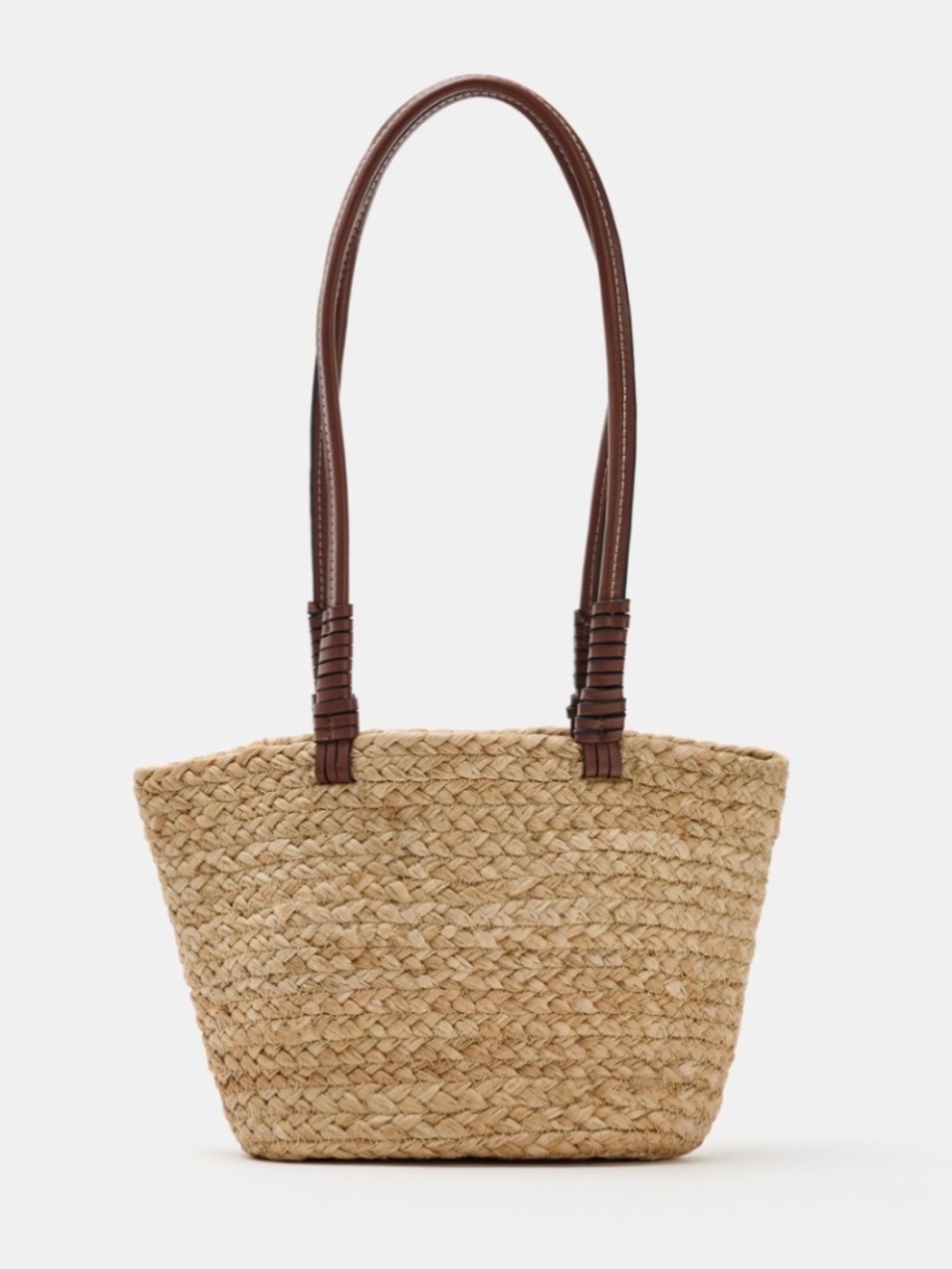 Zara Jute Woven Raffia Shoulder Tote Bag Tan Brown Faux Leather Handle Straps
